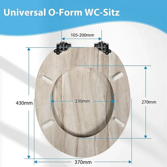 SAINOS WC-Sitz MDF WC-Sitz, Beige, Universal-O-Form, Absenkautomatik, Unten - MDF, Beige, Mit Absenkautomatik - Universaler O-Form WC-Sitz in hellem Marmormuster, mit Scharnier- und Größenmaßen angezeigt.