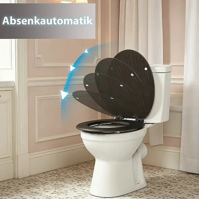 SAINOS WC-Sitz MDF WC-Sitz, Holzoptik, Universal-O-Form, Absenkautomatik, Unten - MDF, Braun, Mit Absenkautomatik - Dunkelbrauner Toilettensitz in Holzoptik mit Absenkautomatik, in Bewegung dargestellt.
