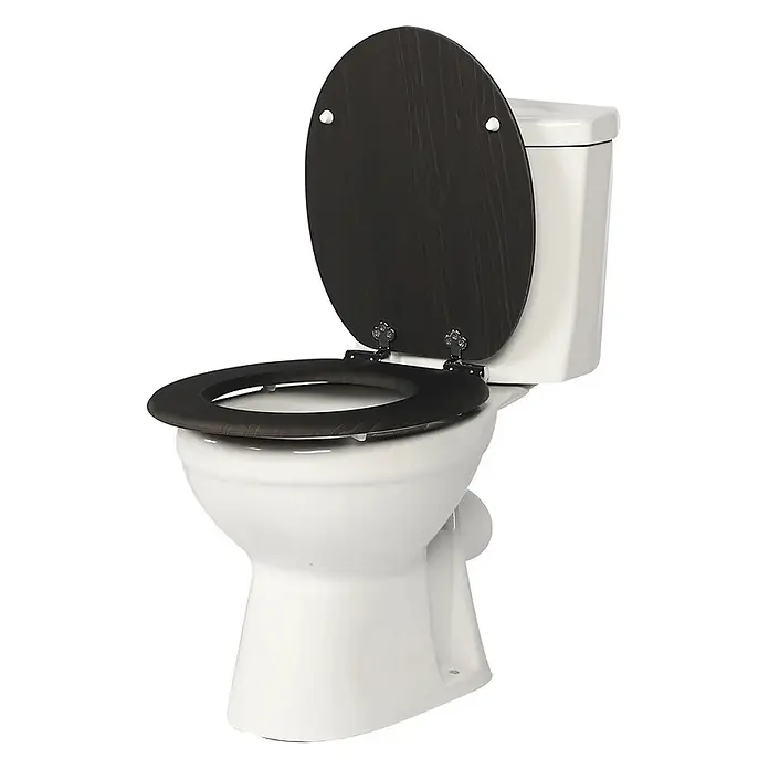 SAINOS WC-Sitz MDF WC-Sitz, Holzoptik, Universal-O-Form, Absenkautomatik, Unten - MDF, Braun, Mit Absenkautomatik - Weiße Toilette mit hochgeklapptem dunklem Holz-Toilettensitz und -Deckel.