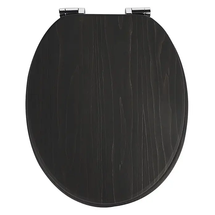 SAINOS WC-Sitz MDF WC-Sitz, Holzoptik, Universal-O-Form, Absenkautomatik, Unten - MDF, Braun, Mit Absenkautomatik - Dunkler WC-Sitz aus Holz mit sichtbarer Maserung und Chromscharnieren.
