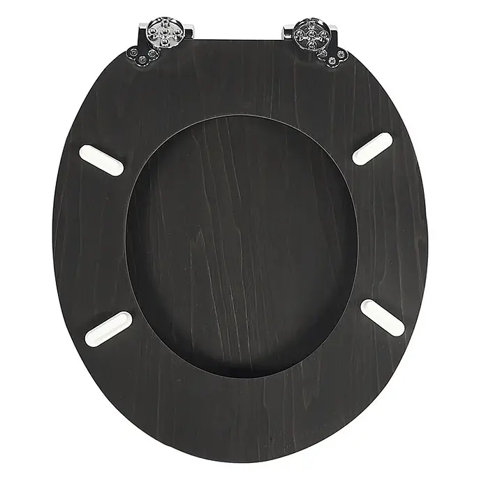 SAINOS WC-Sitz MDF WC-Sitz, Holzoptik, Universal-O-Form, Absenkautomatik, Unten - MDF, Braun, Mit Absenkautomatik - WC-Sitz aus dunklem Holz mit Chromscharnieren und weißen Puffern.