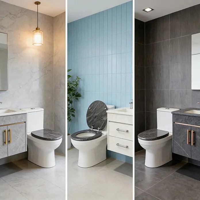 SAINOS WC-Sitz MDF WC-Sitz, Grau, Universal-O-Form, Absenkautomatik, Unten - MDF, Grau, Mit Absenkautomatik - Weiße Toilette mit dunkelgrauem Marmor-Toilettensitz in einem modernen Badezimmer.