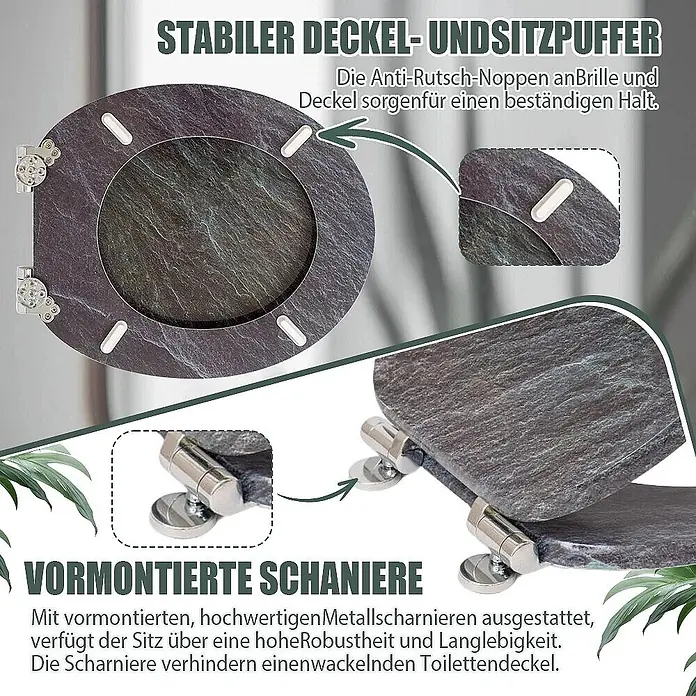 SAINOS WC-Sitz MDF WC-Sitz, Grau, Universal-O-Form, Absenkautomatik, Unten - MDF, Grau, Mit Absenkautomatik - Dunkelgrauer Toilettensitz in Schieferoptik mit Anti-Rutsch-Puffern und vormontierten Metallscharnieren für Stabilität.