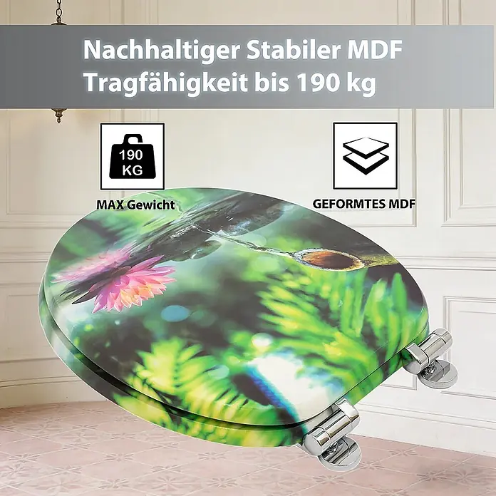 SAINOS WC-Sitz MDF WC-Sitz, Grün, Universal-O-Form, Absenkautomatik, Unten - MDF, Grün, Mit Absenkautomatik - Nachhaltiger, stabiler MDF-Toilettensitz mit lebhaftem Naturmotiv. Geformtes MDF für Langlebigkeit, trägt bis 190 kg.