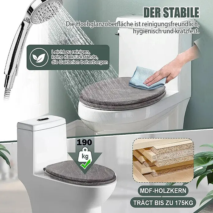 SAINOS WC-Sitz MDF WC-Sitz, Grau, Universal-O-Form, Absenkautomatik, Unten - MDF, Grau, Mit Absenkautomatik - Grauer, strukturierter Toilettensitz aus MDF-Holzkern auf einem WC, betont seine leichte Reinigung und 175 kg Tragfähigkeit.