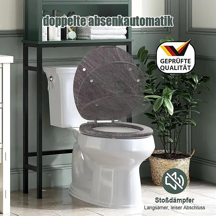 SAINOS WC-Sitz MDF WC-Sitz, Grau, Universal-O-Form, Absenkautomatik, Unten - MDF, Grau, Mit Absenkautomatik - Doppelte Absenkautomatik Toilettensitz in dunkler Marmoroptik, halb geöffnet, für leises Schließen.