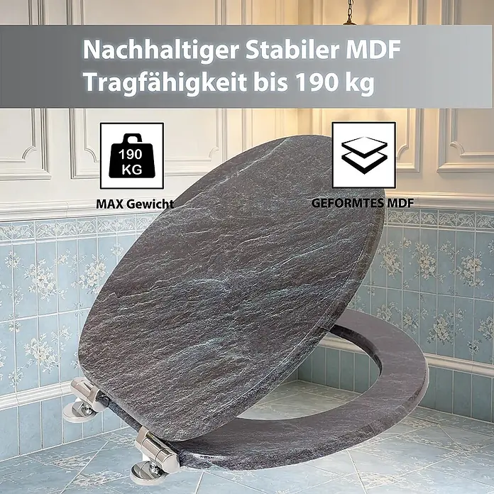 SAINOS WC-Sitz MDF WC-Sitz, Grau, Universal-O-Form, Absenkautomatik, Unten - MDF, Grau, Mit Absenkautomatik - Geformter dunkelgrauer MDF-Toilettensitz mit Schieferstruktur, stabil, nachhaltig, 190 kg Tragfähigkeit.