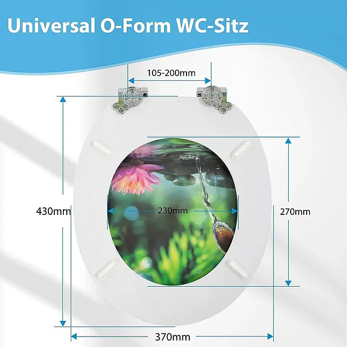 SAINOS WC-Sitz MDF WC-Sitz, Grün, Universal-O-Form, Absenkautomatik, Unten - MDF, Grün, Mit Absenkautomatik - Weißer O-Form WC-Sitz mit Dekor und Maßen (z.B. 430mm Länge, 370mm Breite, 105-200mm Scharnierabstand).
