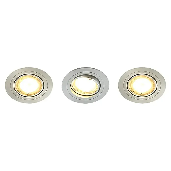Tween Light Set de focos LED empotrables - 9 W, Aluminio cepillado, Blanco cálido - Tres focos LED de techo plateados modernos que emiten luz blanca cálida para una iluminación elegante.
