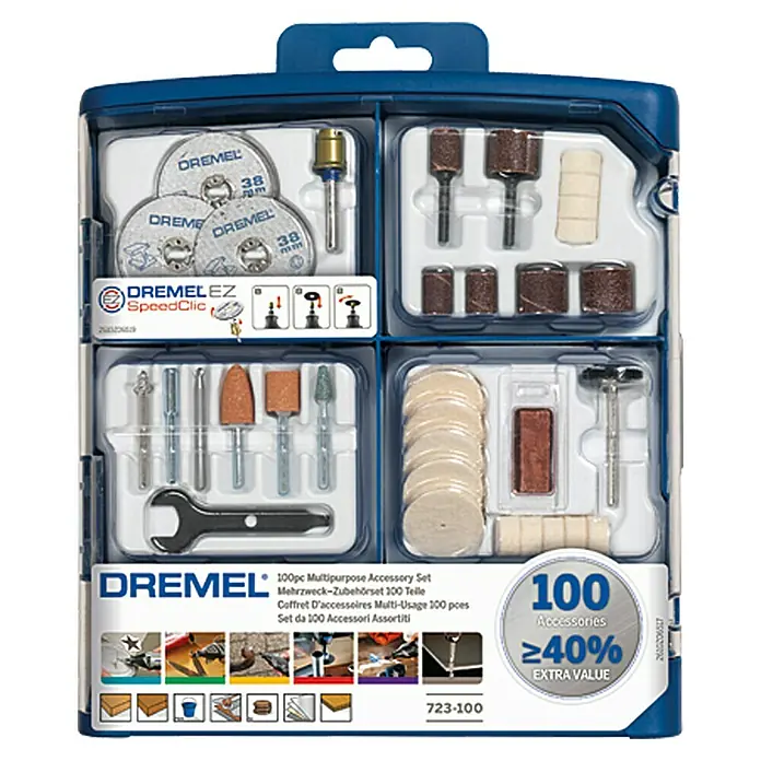 Dremel Kit de accesorios Mod. 723 - 100 ud., 100 pzs. - Dremel 723-100 Juego de accesorios multiusos con 100 piezas y más del 40% de valor extra, ideal para amolar, pulir y cortar.