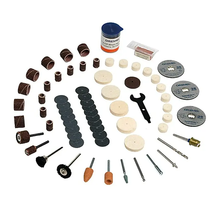 Dremel Kit de accesorios Mod. 723 - 100 ud., 100 pzs. - Kit de accesorios Dremel con bandas de lijado, discos de pulido, discos de corte y herramientas para diversas aplicaciones.