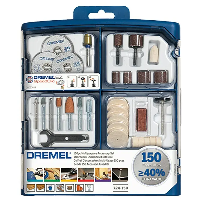 Dremel Kit de accesorios Mod. 724 - 150 ud., 150 pzs. - Juego de accesorios Dremel con 150 piezas para aplicaciones multifuncionales. El kit ofrece una amplia selección de herramientas para pulir, cortar y moldear.