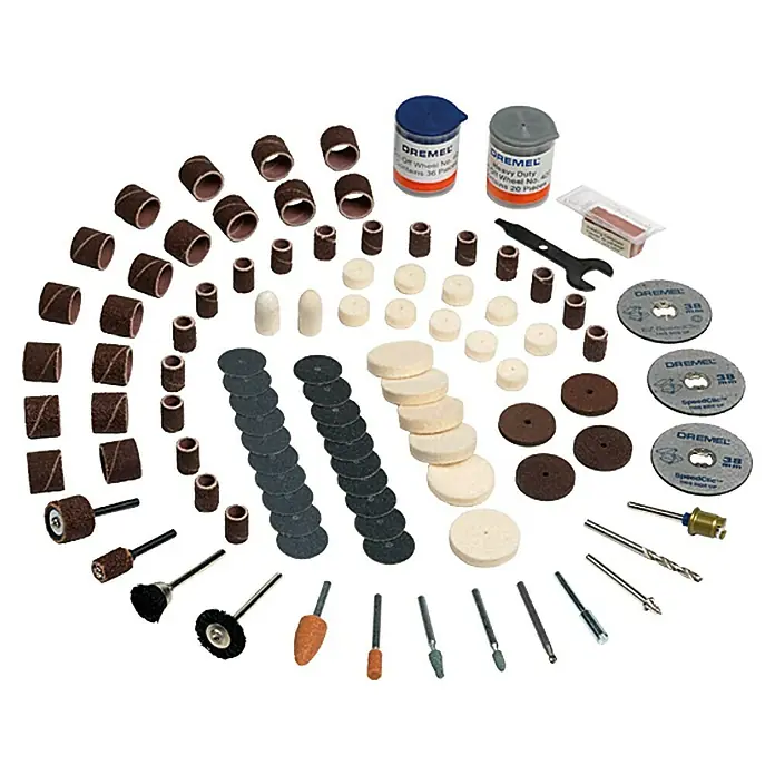 Dremel Kit de accesorios Mod. 724 - 150 ud., 150 pzs. - La imagen muestra un kit de accesorios Dremel con diversas herramientas de esmerilado, pulido y corte para herramientas rotativas.