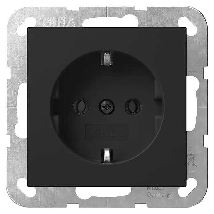 Gira System 55 Steckdose 4188005 - Schwarz matt, Kunststoff, Unterputzmontage - Schwarze GIRA Schuko-Steckdose mit matter Oberfläche und Metallrahmen.