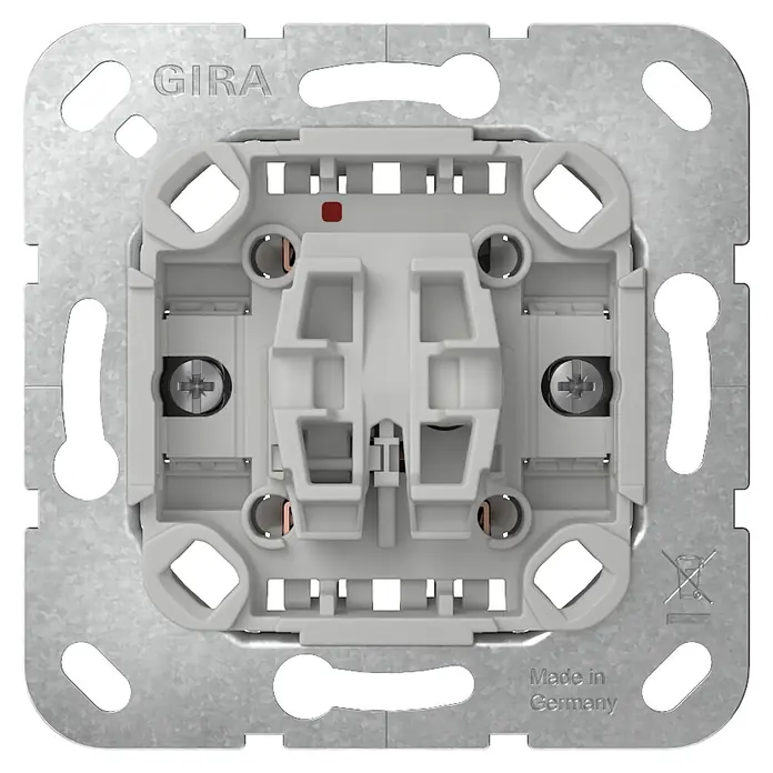 Gira Wechselschalter-Einsatz 312600 - 10 A, Unterputzmontage - Rückansicht eines GIRA Elektromoduls mit Metallrahmen und hellgrauem Kunststoffgehäuse zur Verdrahtung.