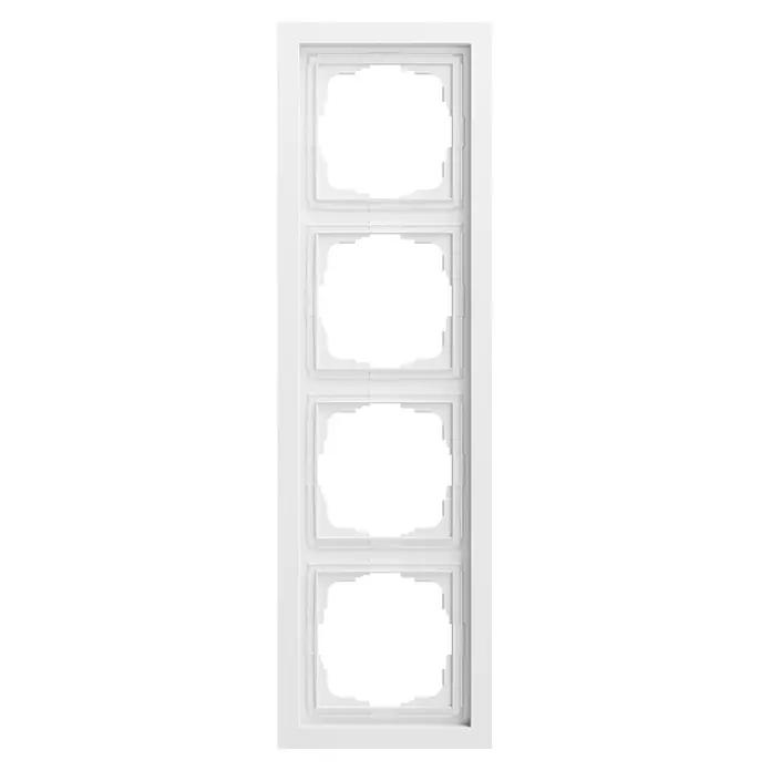 Gira Abdeckrahmen F200 21472 - Reinweiß, Kunststoff - Weiße Tür mit vier transparenten Fensterpaneelen, jeweils mit einer dekorativen, geschwungenen Öffnung und Zierleiste.