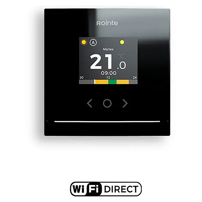 Termostato digital Genius - An x Al: 8,6 x 8,6 cm, Negro - Termostato digital Rointe negro con pantalla (21.0°C) y logotipo Wi-Fi Direct.