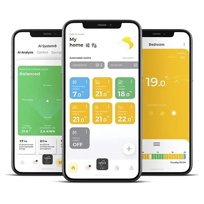 Termostato digital Genius - An x Al: 8,6 x 8,6 cm, Negro - Tres smartphones muestran una app de hogar inteligente para la gestión de calefacción y energía. Las pantallas muestran temperaturas y análisis de energía.