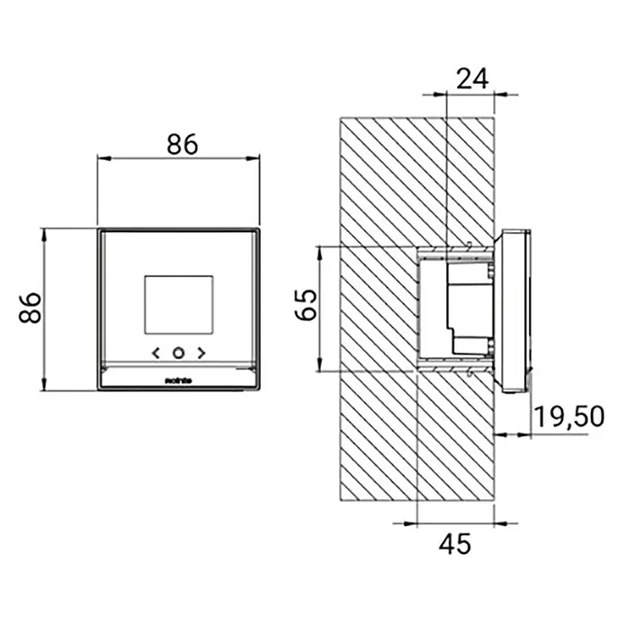 Termostato digital Genius - An x Al: 8,6 x 8,6 cm, Negro - Dibujo técnico de una unidad de control empotrada, mostrando vistas frontal y lateral con dimensiones.