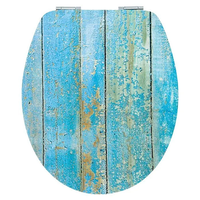 Poseidon Tapa de WC Schiffsholz - MDF, Multicolor, Con caída amortiguada - Un asiento de inodoro con un diseño rústico que recuerda a la pintura azul desconchada sobre madera, creando un ambiente vintage.