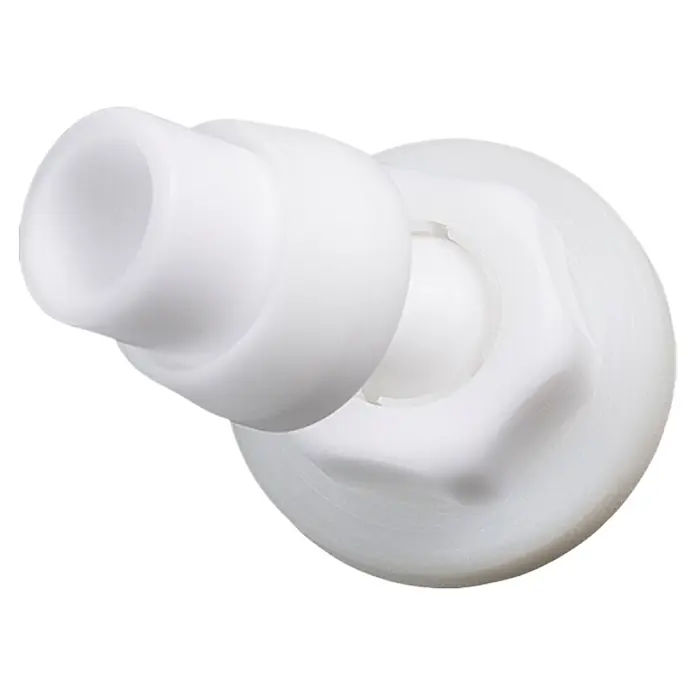 Schrägwandadapter - Geeignet für: Duschstangen Ø 25 mm - Nahaufnahme eines weißen Kugelgelenks, das aus einem abgerundeten Knopf und einer daran befestigten zylindrischen Düse besteht, auf hellem Hintergrund.