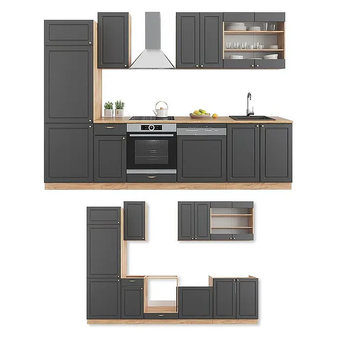 Vicco Küchenzeile Fame-Line, Anthrazit Landhaus/Goldkraft Eiche, 300 cm -  - Dunkelgraue Modulküche mit hellen Holzdetails und Arbeitsplatte, bestehend aus verschiedenen Schränken und integrierten Geräteräumen.