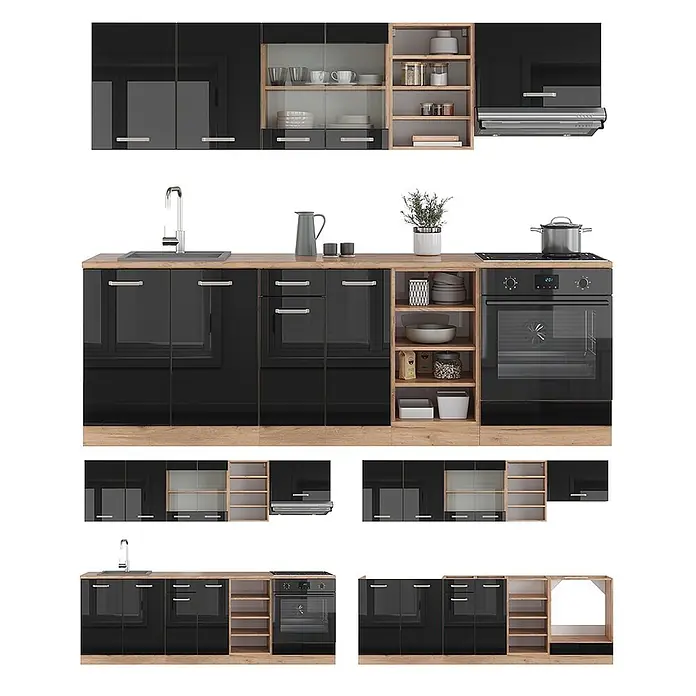 Vicco Küchenzeile R-Line, Schwarz Hochglanz/Goldkraft Eiche, 240 cm -  - Komplette modulare Küche mit hochglänzenden schwarzen Fronten und Arbeitsplatten/Regalen in heller Holzoptik, inkl. Spüle, Herd und Backofen.