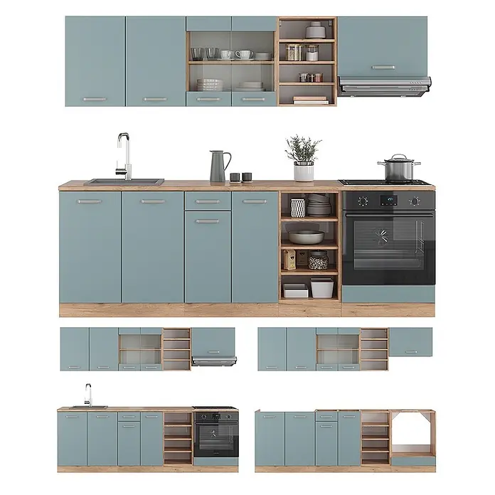 Vicco Küchenzeile R-Line, Blau-Grau/Goldkraft Eiche, 240 cm -  - Modulare Küchenzeile mit hellblauen/türkisen Schränken und Holzoptik-Arbeitsplatten/-Regalen, in verschiedenen Konfigurationen dargestellt.