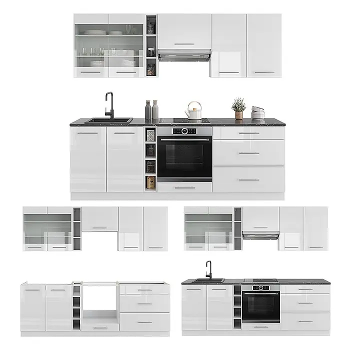 Vicco Küchenzeile Fame-Line, Weiß Hochglanz/Weiß, 235 cm -  - Modulare Küchenzeile in Weiß Hochglanz mit schwarzer Arbeitsplatte, integrierter Spüle, Kochfeld und Backofen.