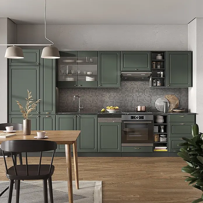 Vicco Küchenzeile Fame-Line, Grün-Gold Landhaus/Anthrazit, 355 cm -  - Moderne Küche mit dunkelgrünen Schränken, dunkler Arbeitsplatte und Mosaik-Spritzschutz, mit integrierten Geräten.