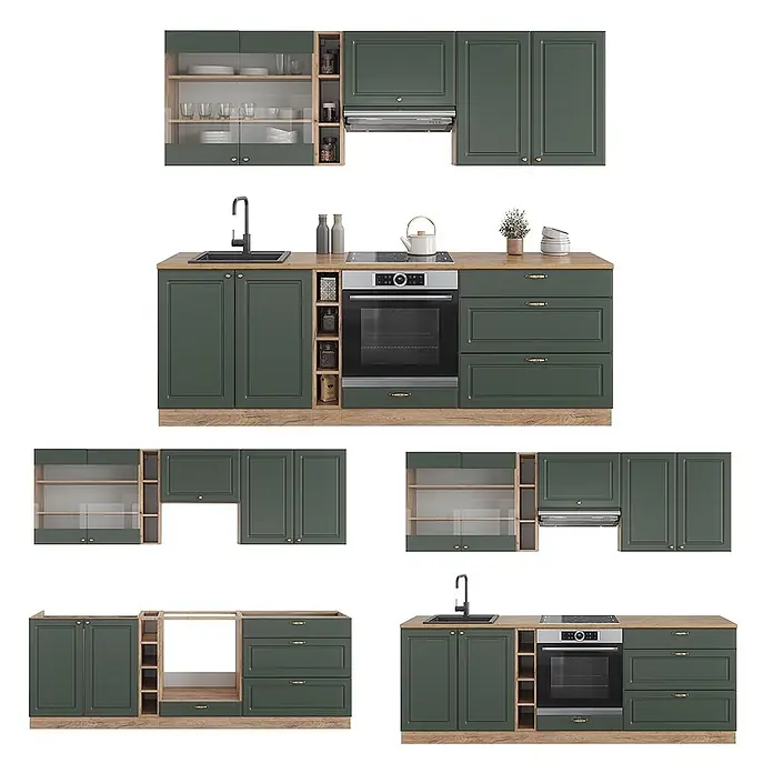 Vicco Küchenzeile Fame-Line, Grün-Gold Landhaus/Goldkraft Eiche, 235 cm -  - Modulare dunkelgrüne Küchenschränke mit Holzoptik-Akzenten und verschiedenen Konfigurationen.
