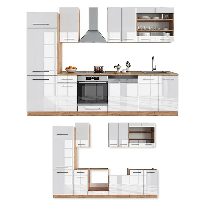 Vicco Küchenzeile Fame-Line, Weiß Hochglanz/Goldkraft Eiche, 300 cm -  - Modulare Hochglanz-Küchenzeile in Weiß mit Holzdekor, inklusive Schränken, Hochschrank und Gerätefächern.