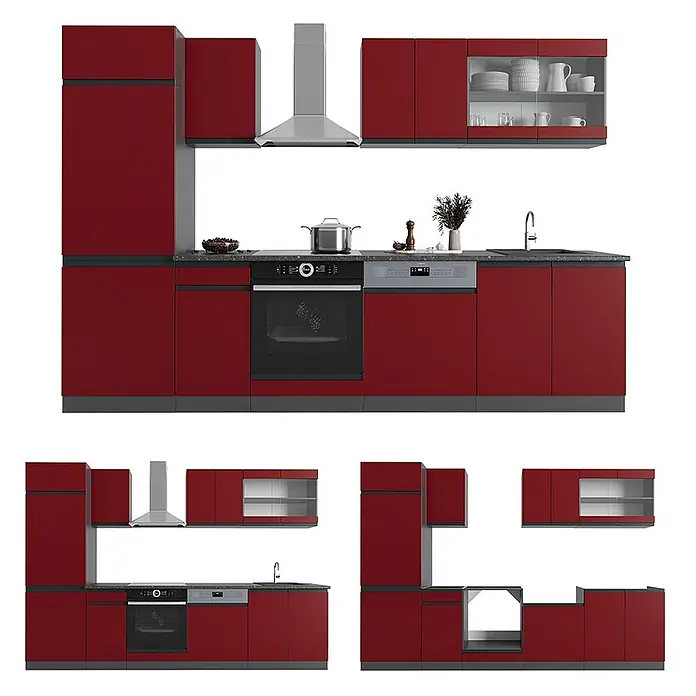 Vicco Küchenzeile R-Line, Rot/Anthrazit, 300 cm -  - Modulare Einbauküche in Dunkelrot mit grauer Arbeitsplatte und Edelstahlgeräten wie Backofen, Geschirrspüler und Dunstabzugshaube.