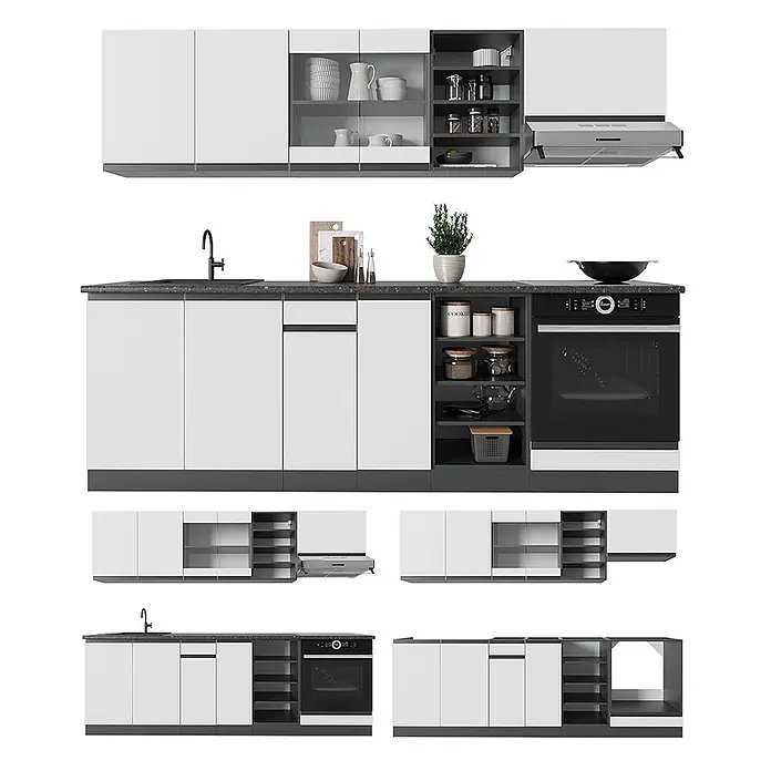 Vicco Küchenzeile R-Line, Weiß/Anthrazit, 240 cm -  - Modernes Modulküchenset mit weißen Schränken, dunkler Arbeitsplatte, Spüle, Backofen und offenen Regalen.