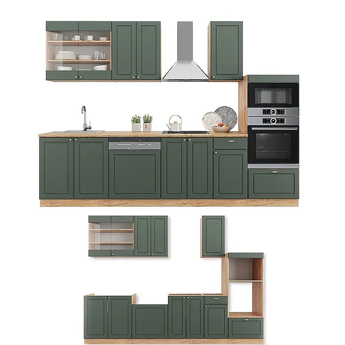 Vicco Küchenzeile Fame-Line, Grün-Gold Landhaus/Goldkraft Eiche, 300 cm -  - Modulare Küchenzeile mit dunkelgrünen Schränken, heller Holz-Arbeitsplatte, integrierten Geräten und Oberschränken mit Glasfront.