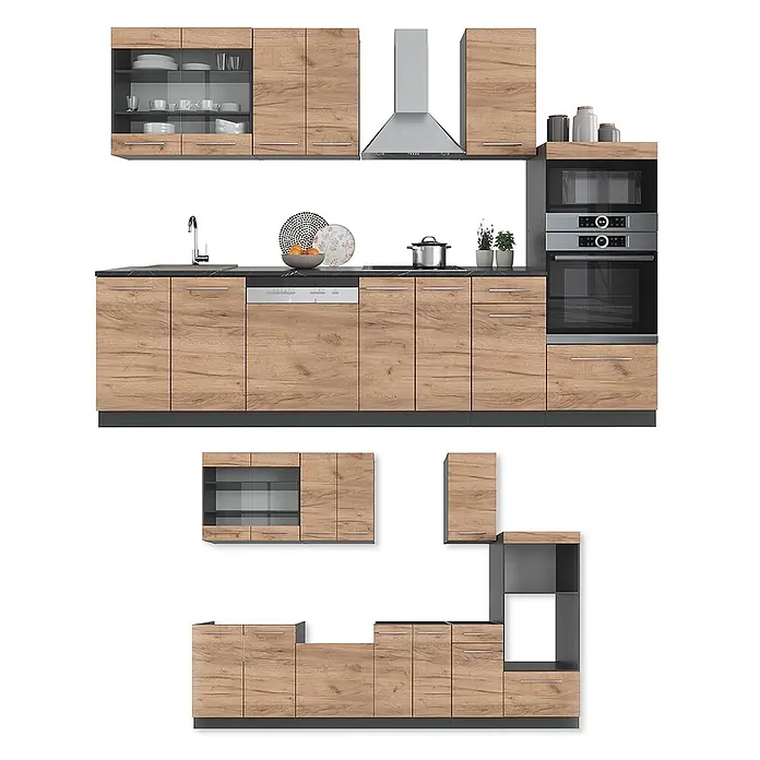 Vicco Küchenzeile Fame-Line, Goldkraft Eiche/Anthrazit, 300 cm -  - Modulare Küche mit Holzdekorfronten und dunkelgrauen Elementen, mit verschiedenen Schränken und integrierten Geräten.