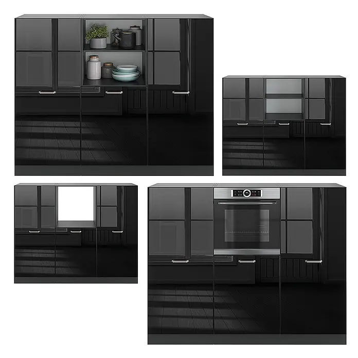 Vicco Küchenleerblock R-Line Schwarz Hochglanz/Anthrazit ohne Arbeitsplatte - Schwarz Hochglanz - Schwarze Küchenschränke mit Glastüren, teils mit Backofen oder offenen Regalen.