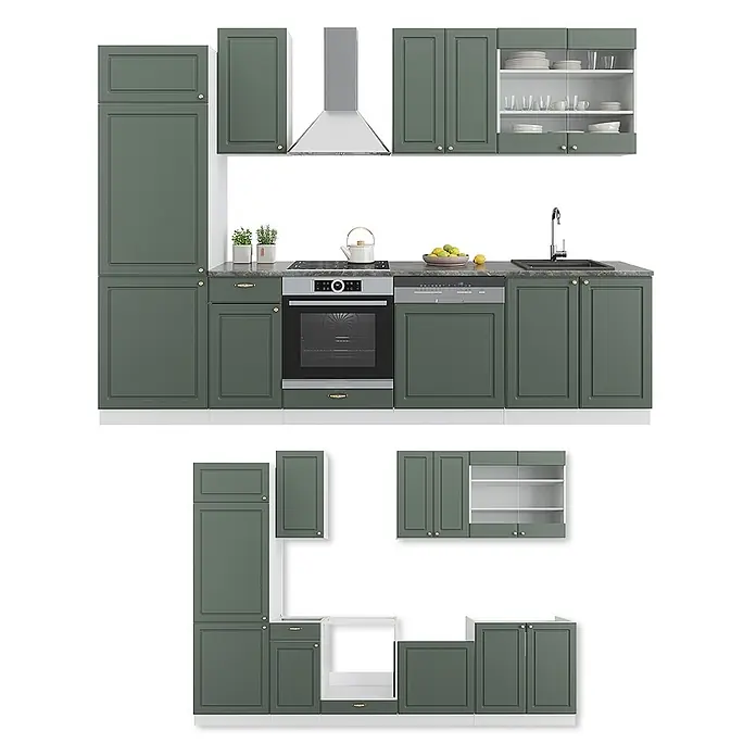Vicco Küchenzeile Fame-Line, Grün-Gold Landhaus/Weiß, 300 cm -  - Modulare dunkelgrüne Küchenschränke mit matter Oberfläche und goldenen Griffen, montiert und als Einzelteile gezeigt.