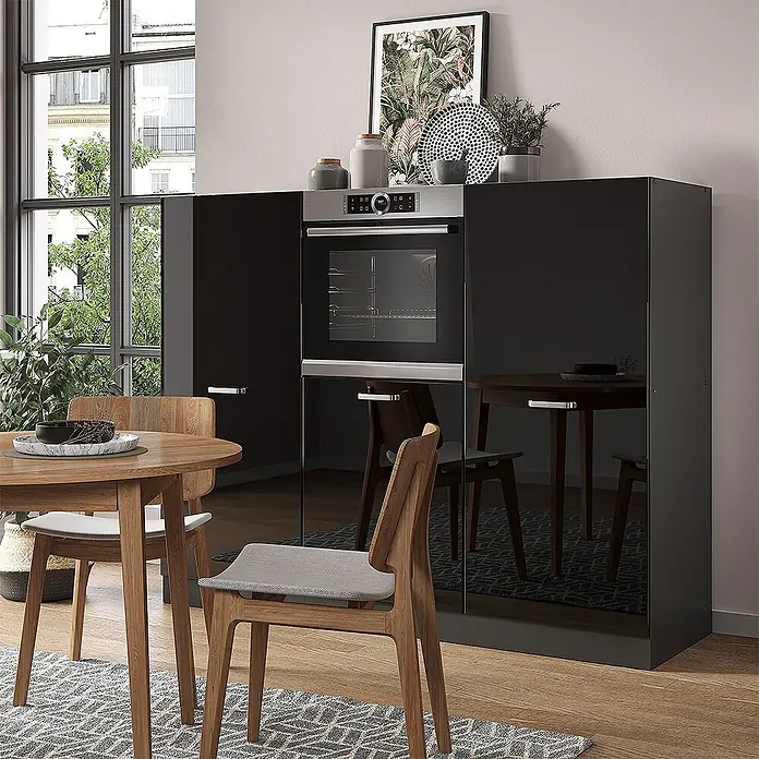Vicco Küchenleerblock R-Line Schwarz Hochglanz/Anthrazit ohne Arbeitsplatte - Schwarz Hochglanz - Schwarzer Hochglanzschrank mit integriertem Backofen, als Stauraum- und Kochlösung in einem modernen Essbereich.