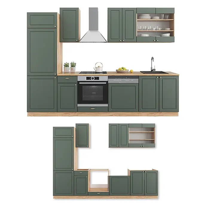 Vicco Küchenzeile Fame-Line, Grün-Gold Landhaus/Goldkraft Eiche, 300 cm -  - Grüne Modulküche mit Holzarbeitsplatten und integrierten Geräten.