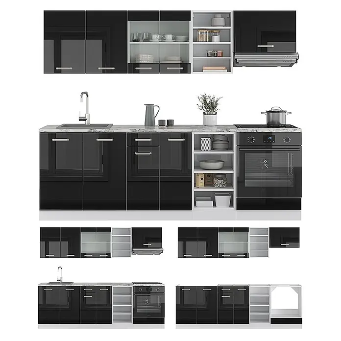 Vicco Küchenzeile R-Line, Schwarz Hochglanz/Weiß, 240 cm -  - Glänzende schwarze Küchenschränke mit weißer Marmorarbeitsplatte und offenen Regalen, inkl. Spüle, Kochfeld und Backofen.