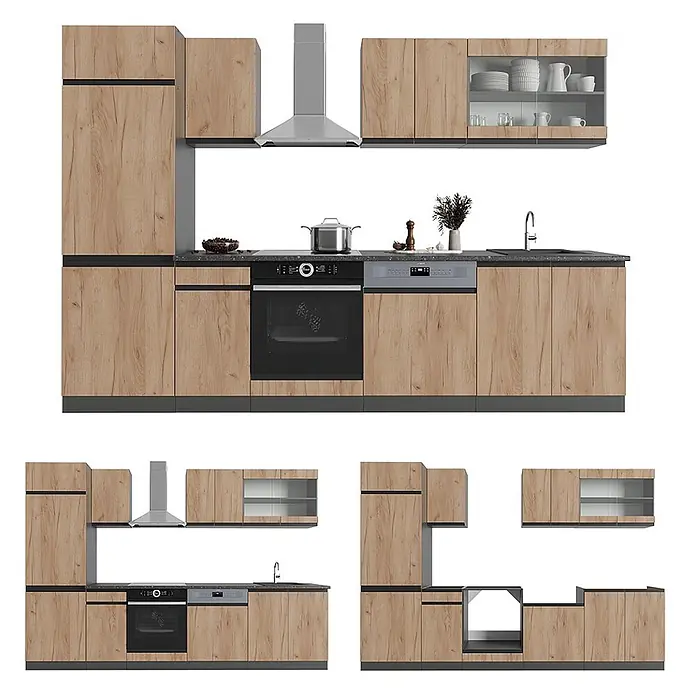 Küchenzeile R-Line 300 cm Goldkraft Eiche Art.-Nr. 39835 -  - Modulare Küche in heller Holzoptik mit dunklen Arbeitsplatten, integriertem Ofen, Geschirrspüler und Spüle. Verschiedene Schränke.