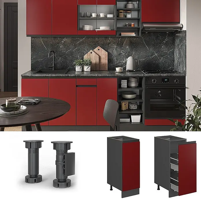 Vicco Schrankküche R-Line Rot J-Shape, ohne Arbeitsplatte - Rot, Apothekerunterschrank 30 cm grifflos - Rote und graue Küchenunterschränke mit verstellbaren Füßen, in einer modernen Küche dargestellt.