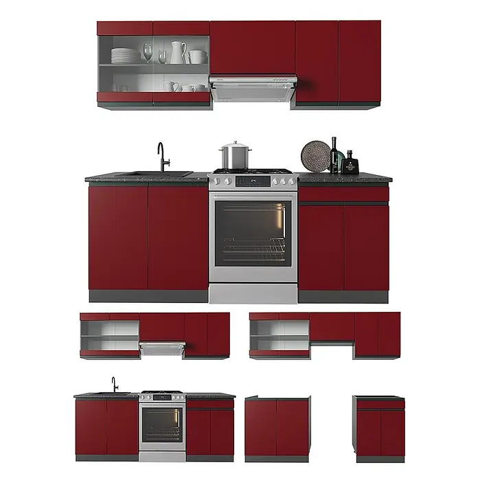 Küchenzeile R-Line 200 cm Rot Art.-Nr. 39839 -  - Modulare rote Küche mit dunkler Arbeitsplatte, Edelstahlherd, Backofen, Spüle und Oberschränken, teils mit Glastüren.