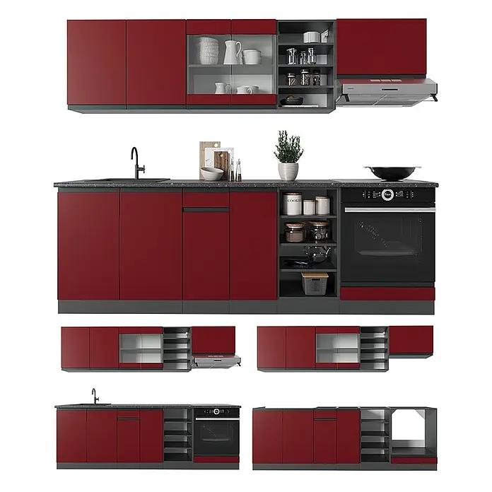 Vicco Küchenzeile R-Line, Rot/Anthrazit, 240 cm -  - Moderne Modulküche mit dunkelroten Schränken, dunkelgrauen Oberflächen und integrierten Geräten.