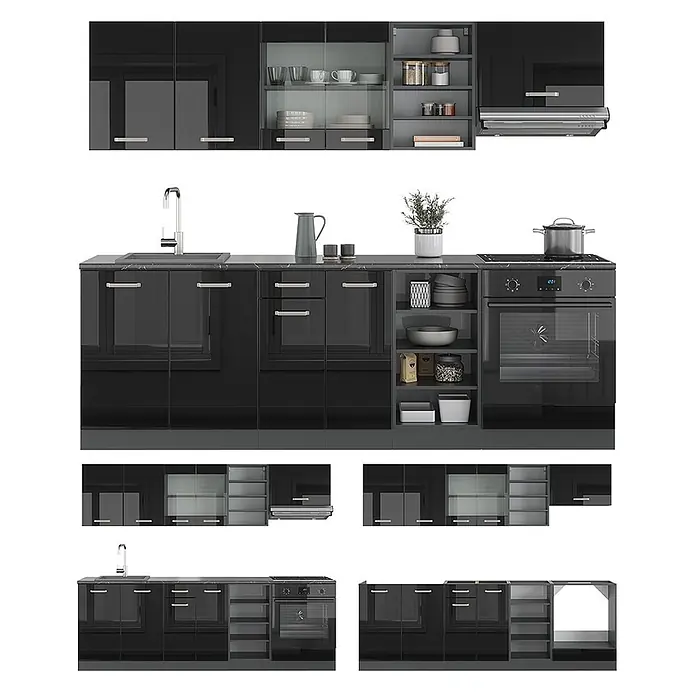 Vicco Küchenzeile R-Line, Schwarz Hochglanz/Anthrazit, 240 cm -  - Hochglanzschwarzes moduläres Küchenschrank-Set mit Spüle, Kochfeld, Backofen und diversen Schränken, in mehreren Konfigurationen dargestellt.