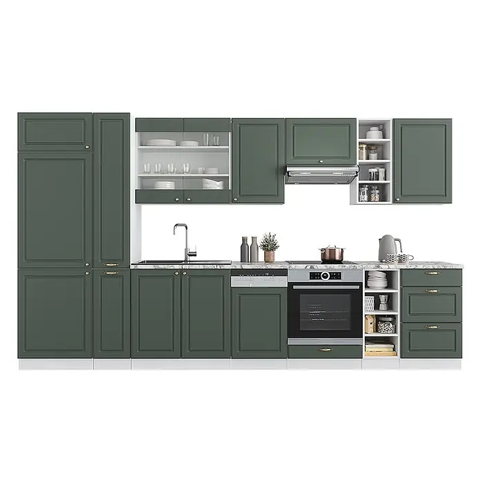 Vicco Küchenzeile Fame-Line, Grün-Gold Landhaus/Weiß, 355 cm -  - Komplette Küchenzeile mit dunkelgrünen Schränken, Arbeitsplatte in Marmoroptik, integrierten Geräten und Spüle.