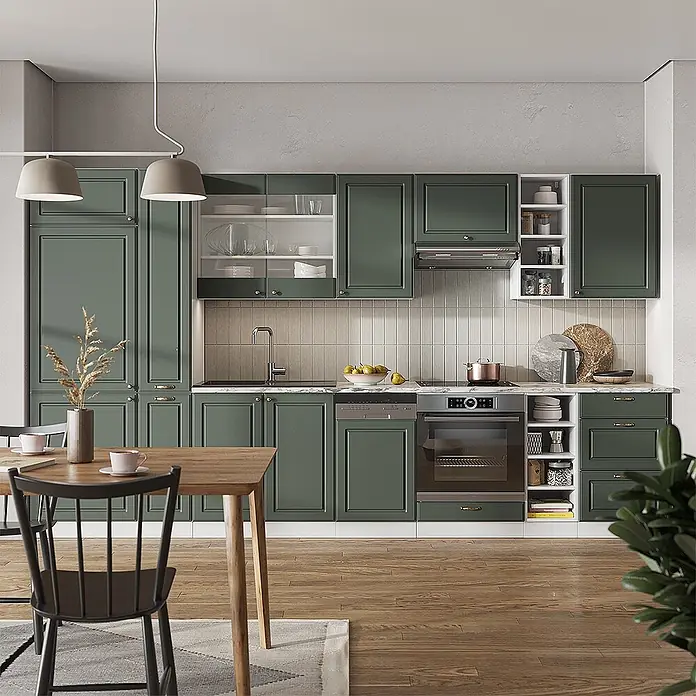 Vicco Küchenzeile Fame-Line, Grün-Gold Landhaus/Weiß, 355 cm -  - Moderne Küche mit dunkelgrünen Schränken, integrierten Geräten, weißer Arbeitsplatte und einem Holzesstisch.