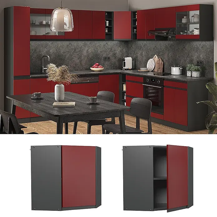 Vicco Eckhängeschrank R-Line, Rot, 57 cm -  - Roter und grauer Eck-Hängeschrank, geschlossen und mit offener Tür, die Regale zeigt.