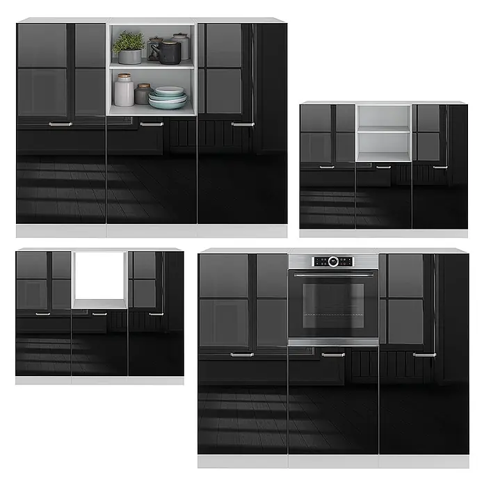 Vicco Küchenleerblock R-Line Schwarz Hochglanz/Weiß ohne Arbeitsplatte - Schwarz Hochglanz - Modulare Küchenschränke: schwarze Hochglanztüren, weiße Rahmen, Glas, offene Regale und eingebauter Ofen in verschiedenen Konfigurationen.